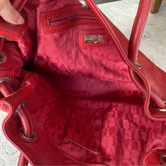 Furla Pebbled Leather Hobo Handbag Deep Red - Picture 8 of 15